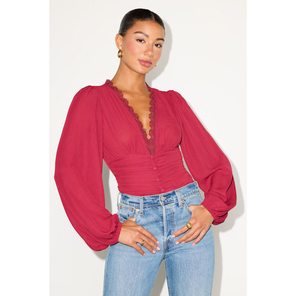 Lulus Cadria Berry Red Long Sleeve Ruched Bodysuit - Size L